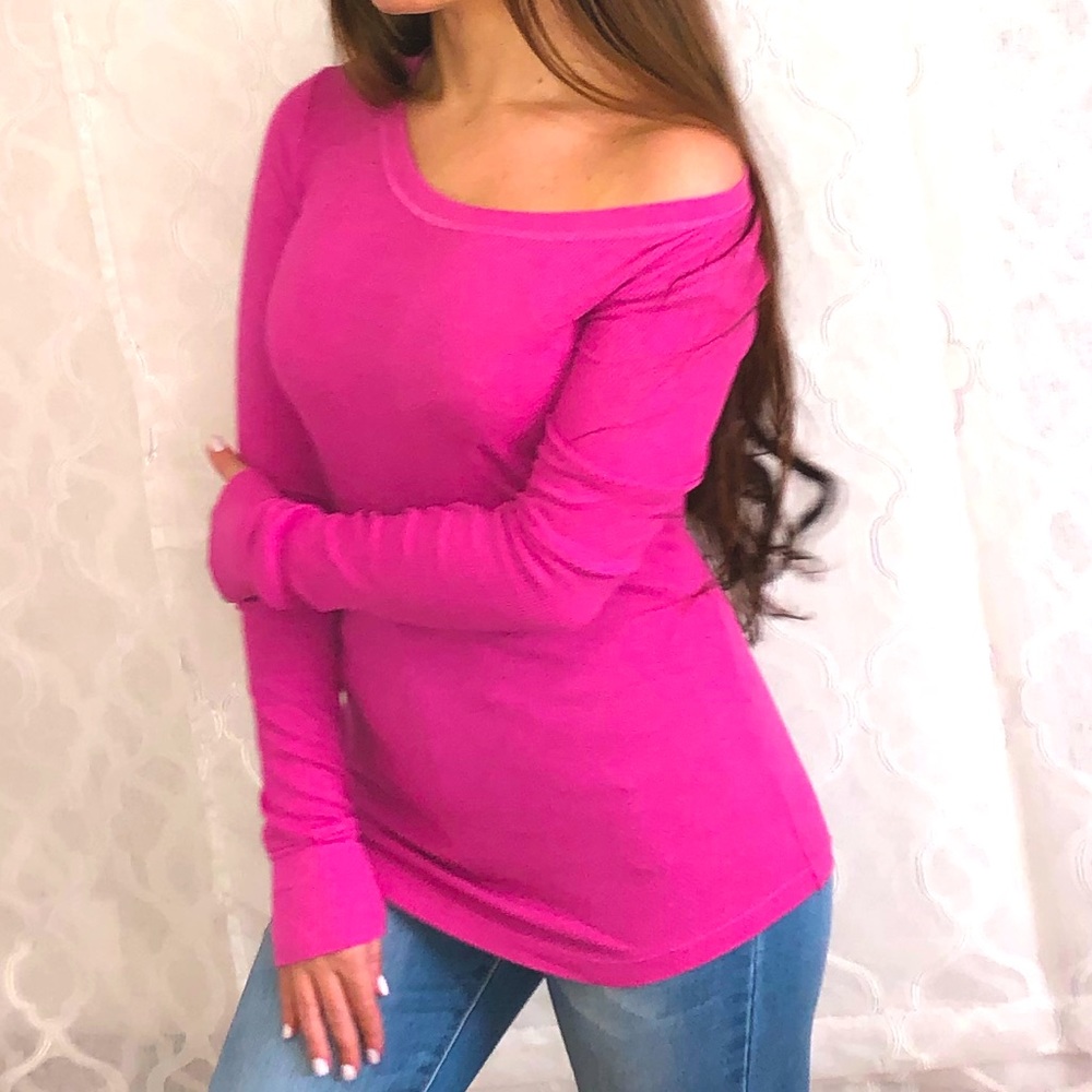 Mossimo fuchsia magenta pink long sleeve knit waffle off shoulder tunic top XS S